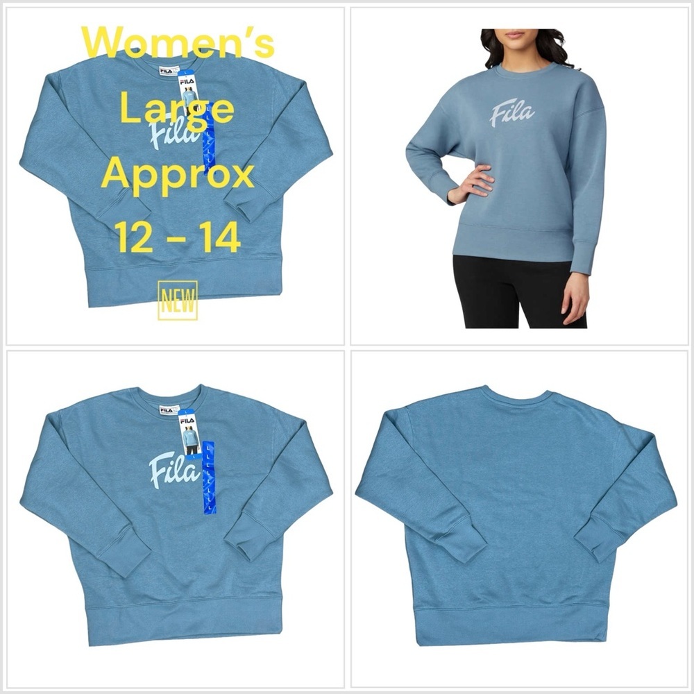 Women's Fila Large 12 -14 Blue Fleece Sweatshirt Logo Crew Pullover Long Sleeve